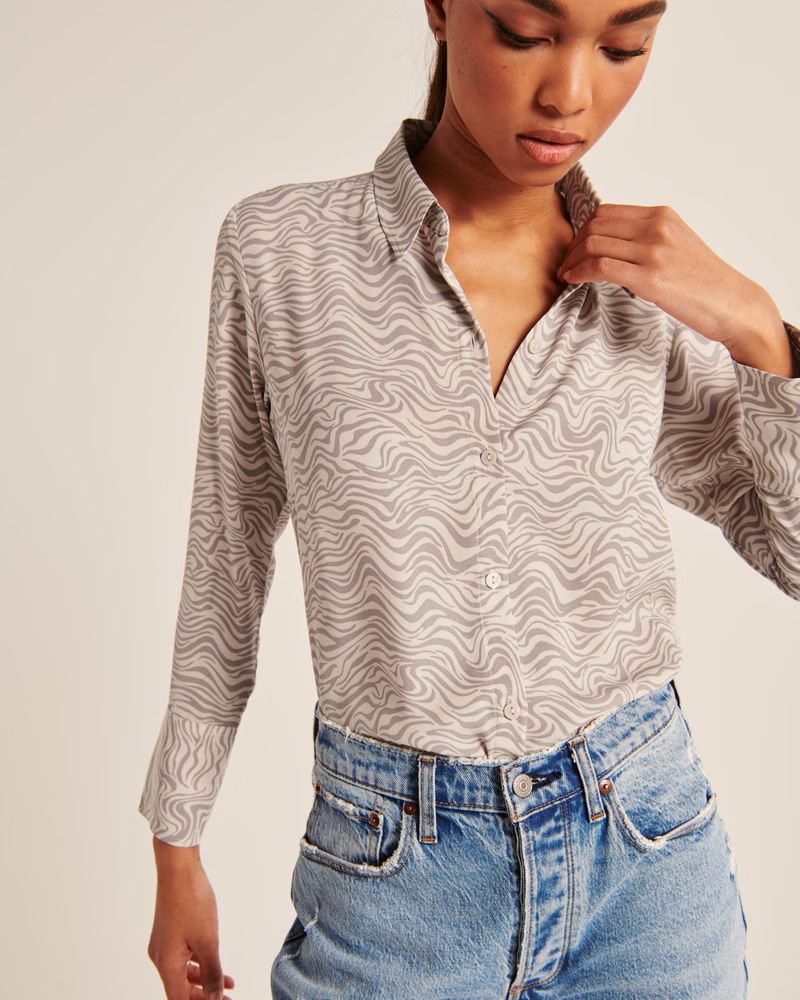 Boyfriend Faux Silk Button-Up Shirt | Abercrombie & Fitch (US)