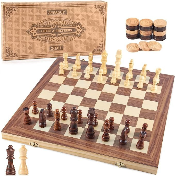 AMEROUS 15'' Wooden Chess & Checkers Set, 2 in 1 Board Games -2 Extra Queens - Folding Board - 24... | Amazon (US)