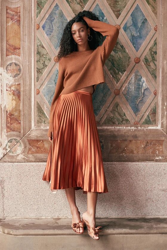Fashionable Babe Rust Brown Satin Pleated Midi Skirt | Lulus