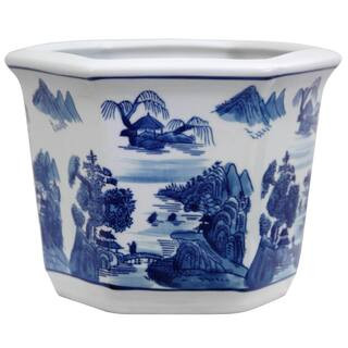 Oriental Furniture 10 in. Landscape Blue and White Porcelain Flower Pot-BW-FLOWER-BWLS - The Home... | The Home Depot