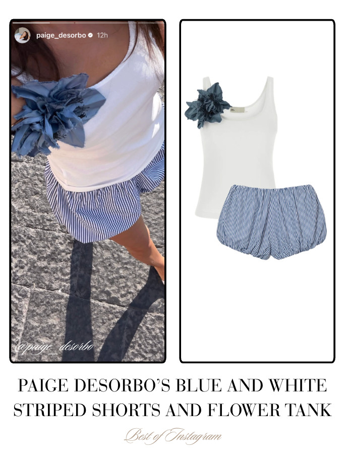 Paige DeSorbo's Blue and White Shorts and Flower Tank // Shorts by @daphne 📸 + Info= @paige_desorbo 

 