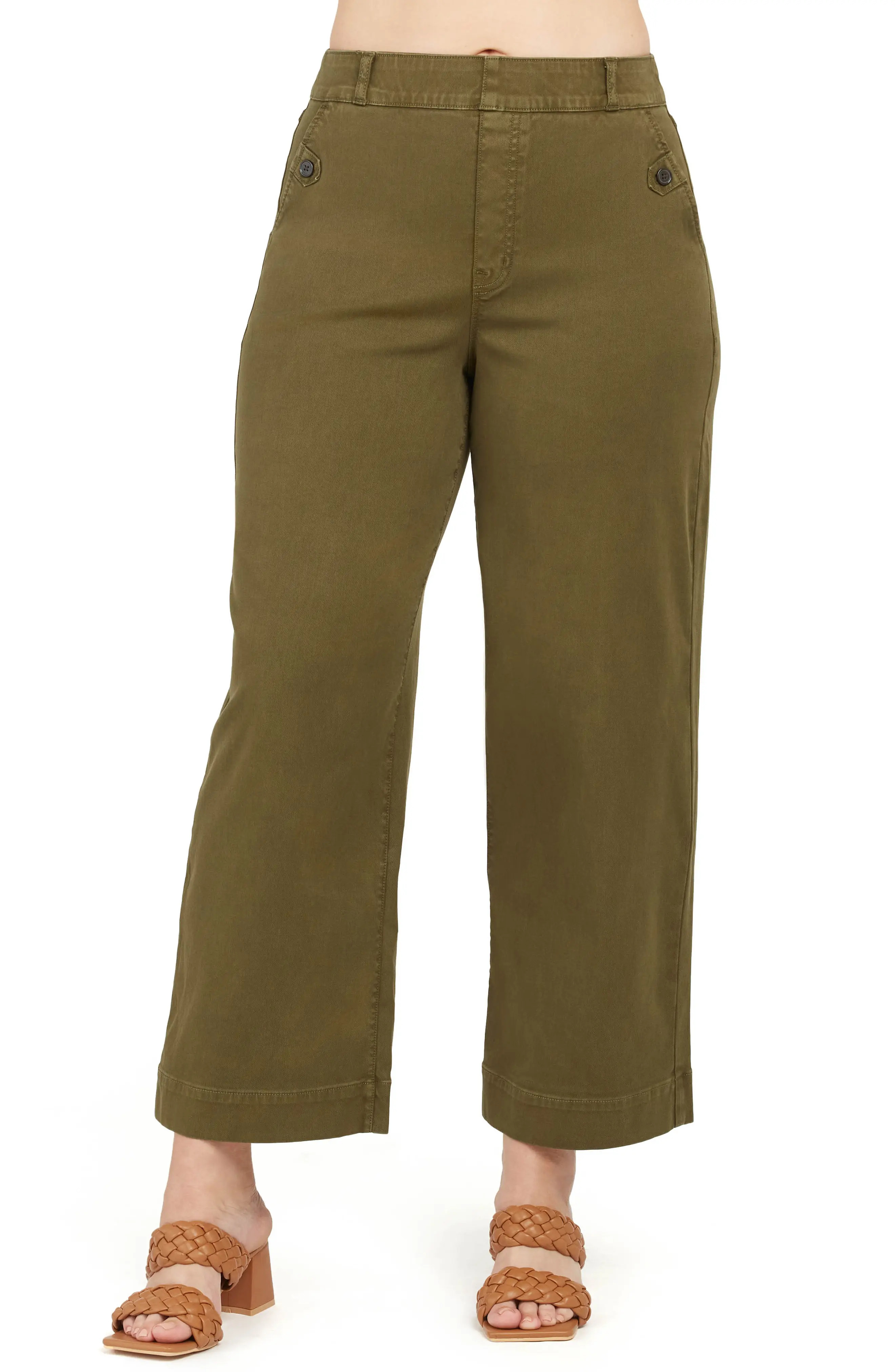 SPANX(R) Wide Leg Twill Pull-On Pants in Darkened Olive at Nordstrom, Size X-Large | Nordstrom