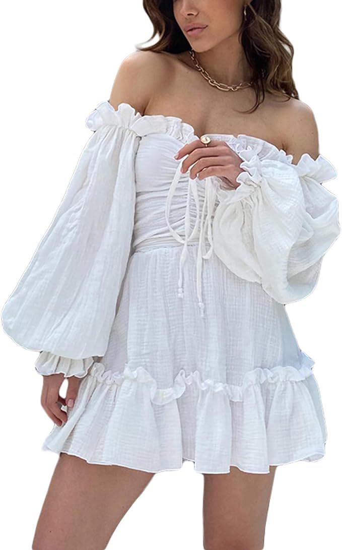 Womens Boho Long Sleeve Short Dress Puff Long Sleeve V Neck Layered Hem Ruffle Dress Floral Cockt... | Amazon (US)