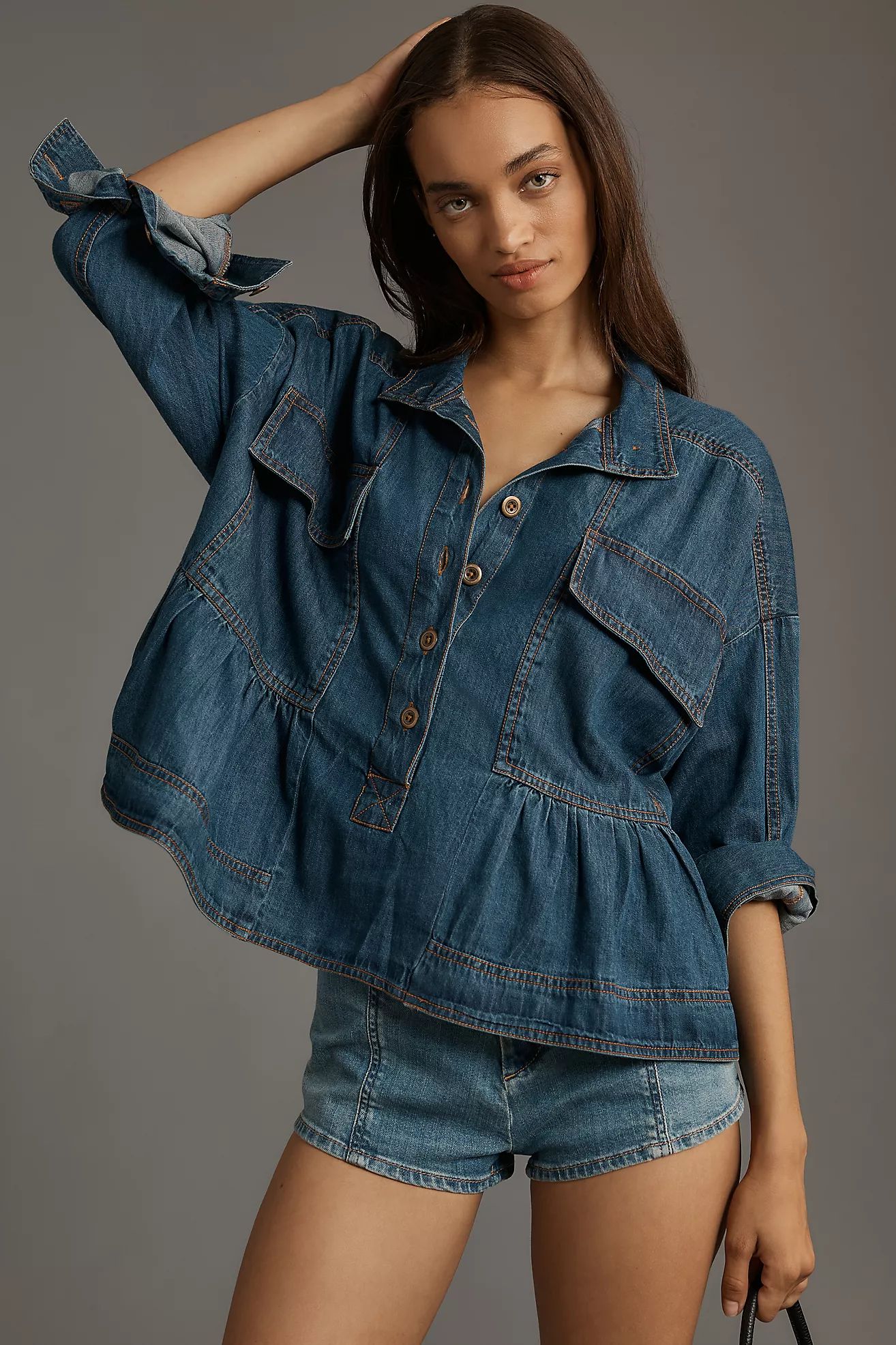 Pilcro Long-Sleeve Denim Crop Babydoll Top | Anthropologie (US)