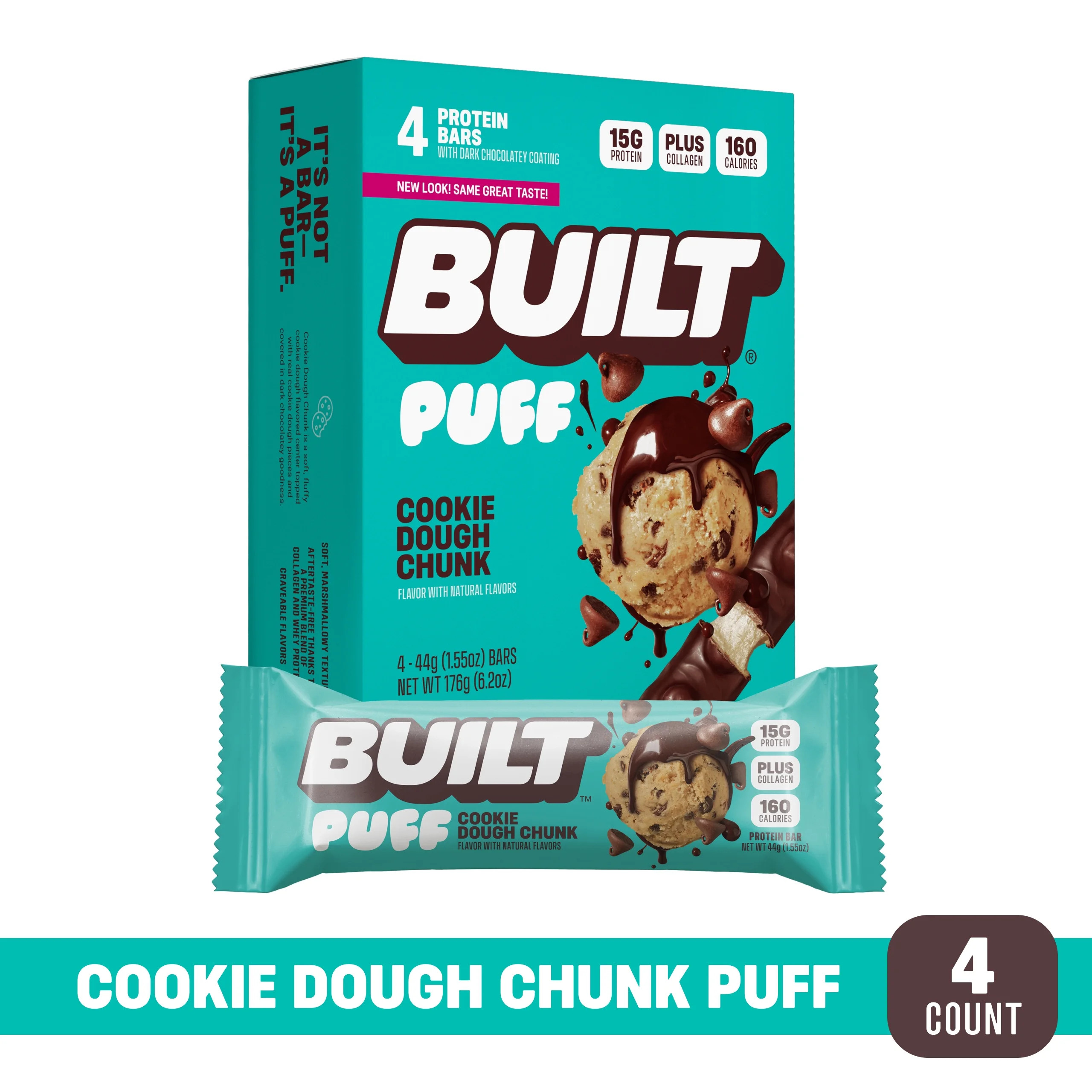 BUILT Bar Protein Bar, Cookie Dough Chunk Puff, 15g Protein, Collagen, 4 Count Box, 1.55 oz Bars | Walmart (US)