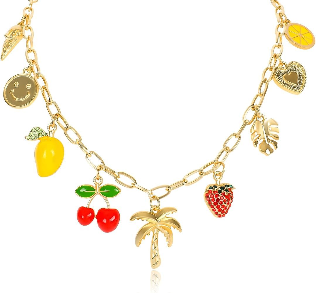 HETICA Gold Fruit Hawaiian Style Charm Necklace with Cute Pendant Mango Cherry Coconut Tree Straw... | Amazon (US)