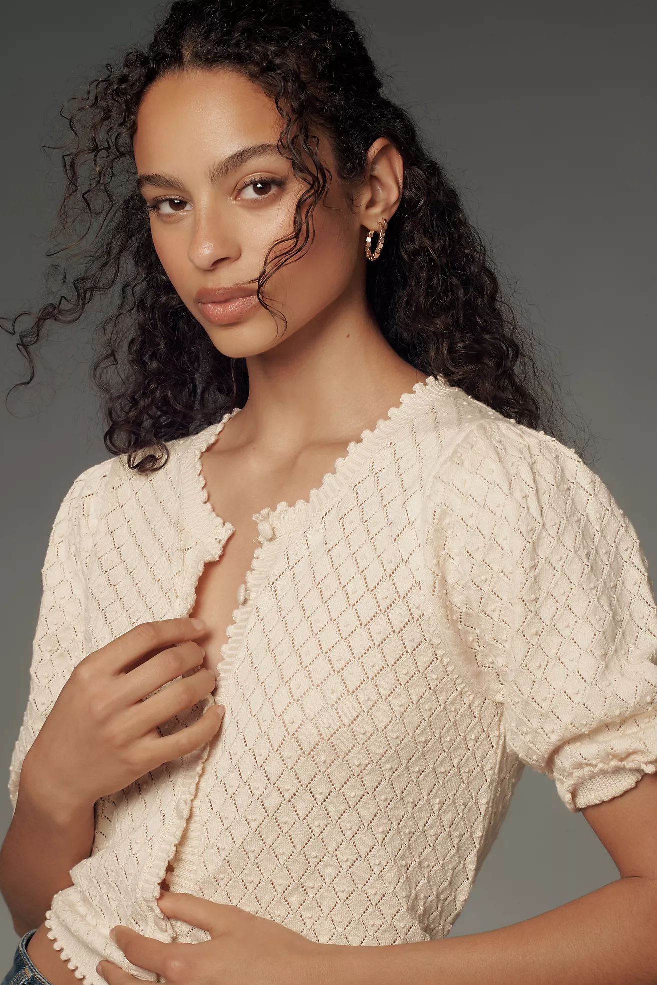 By Anthropologie Puff-Sleeve Pointelle Cardigan Sweater | Anthropologie (US)