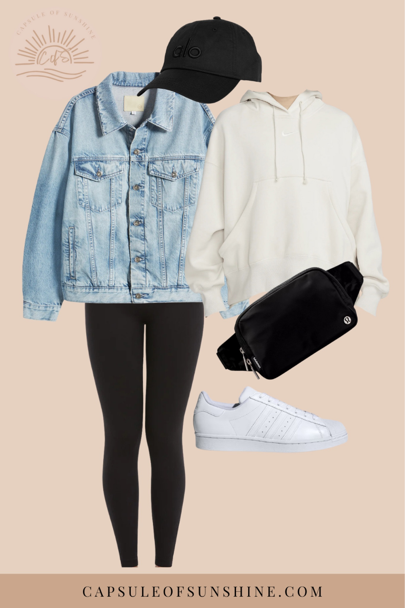 Capsule Wardrobe Series 

This cozy and stylish outfit is perfect for a relaxed yet trendy look. A white hoodie paired with black leggings forms the base, topped with a light-wash denim jacket for added warmth and style. The white sneakers provide comfort, while the black cap and crossbody bag add a sporty touch. This ensemble is great for a casual day out! 

White hoodie | black leggings | light-wash denim jacket | white sneakers | black cap | crossbody bag | cozy sporty | relaxed style | Lululemon belt bag | Adidas sneakers 

#CapsuleOfSunshine #CozyStyle #EffortlessStyle #FashionInspo #WardrobeEssentials #StyleInspiration #DailyOutfit #SportyFashion #OOTD #CapsuleWardrobe #ClosetStaples 


#LTKSummerSales #LTKStyleTip #LTKActive