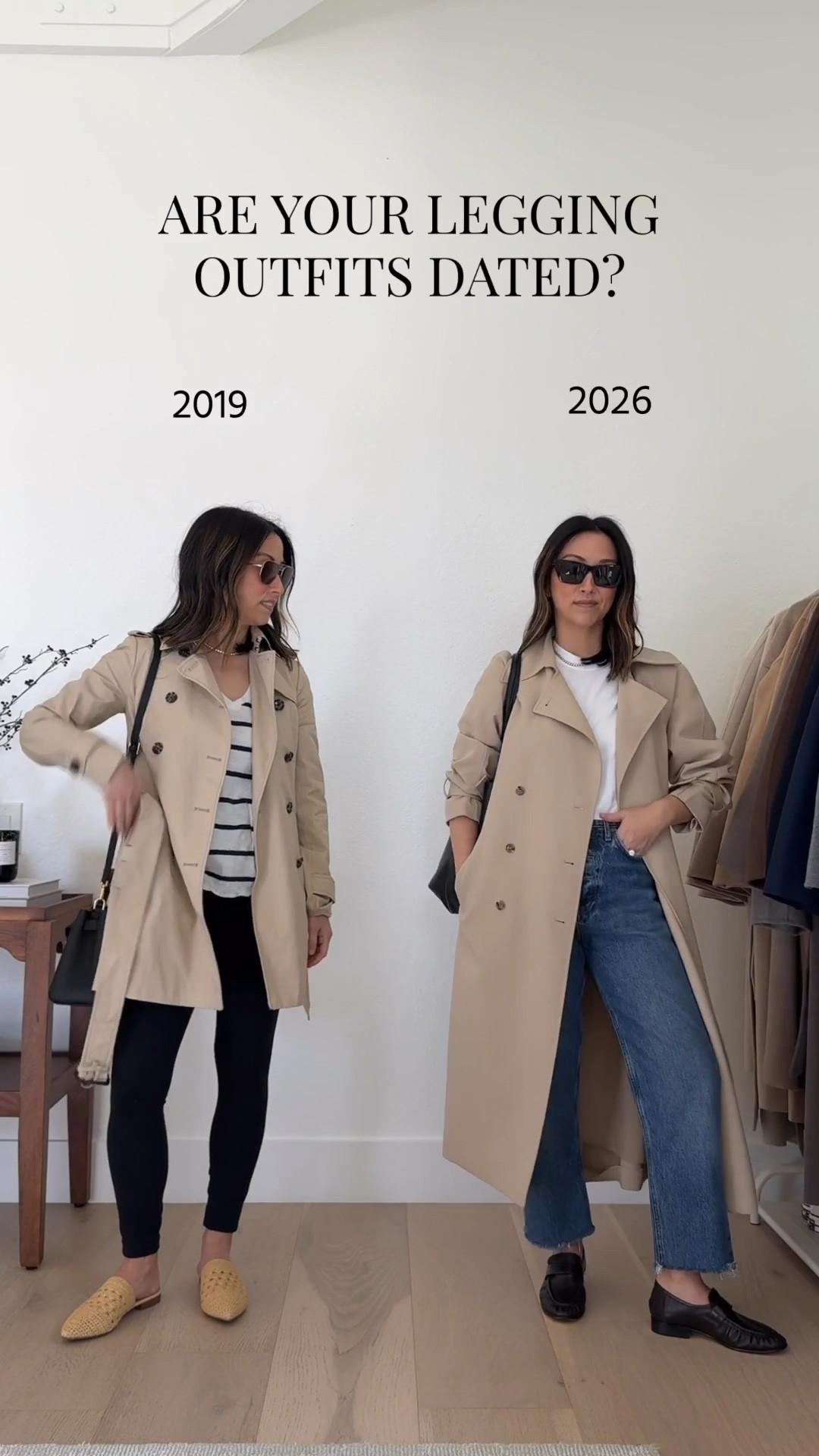 2019 vs. 2026: trench coat and leggings. 

Oak + Fort trench xxs - runs big
Madewell cropped tee, size small—runs true to size; I need the XS.
AGOLDE 90's mid rise crop 25 - cut hems. Size down in these. 
Tony Bianco loafers 5
Mansur Gavriel tote
YSL Sunglasses
Quince earrings
Dorsey James necklace 15"

Spring outfits, spring style, petite style, trench coat, mom style 

#LTKPetite #LTKmomlife #LTKgrwm
