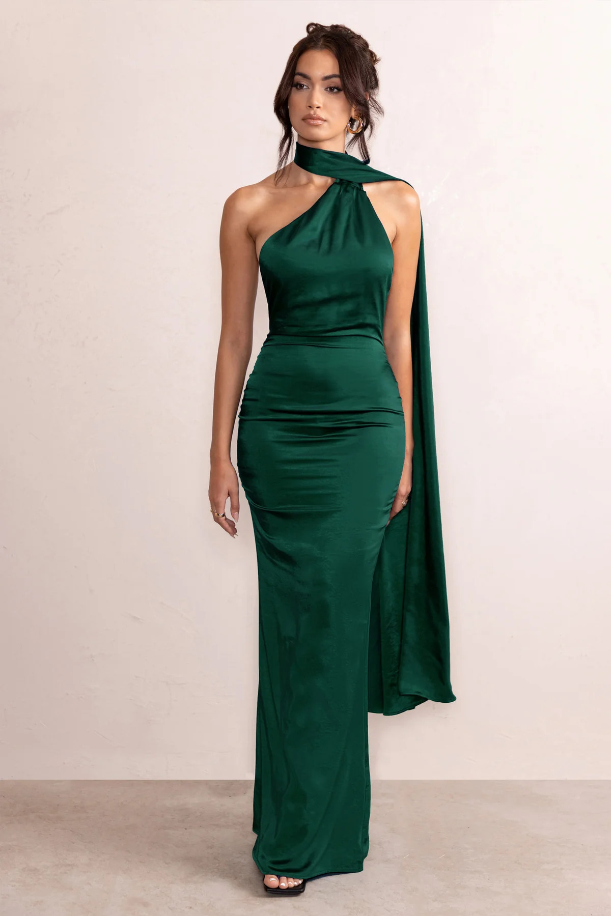 Mademoiselle | Bottle Green Satin Asymmetric Scarf Neck Backless Maxi Dress | Club L London