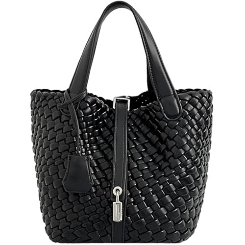 DSGUTWO Woven Handbags for Women Top Handle Satchel Handbag Basket Bucket Bag Small Woven Tote Bag Hobo Purses (Black) | Amazon (US)