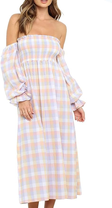 R.Vivimos Summer Dress for Women Long Sleeve Casual Plaid Print Smocked Off Shoulder A-Line Midi ... | Amazon (US)