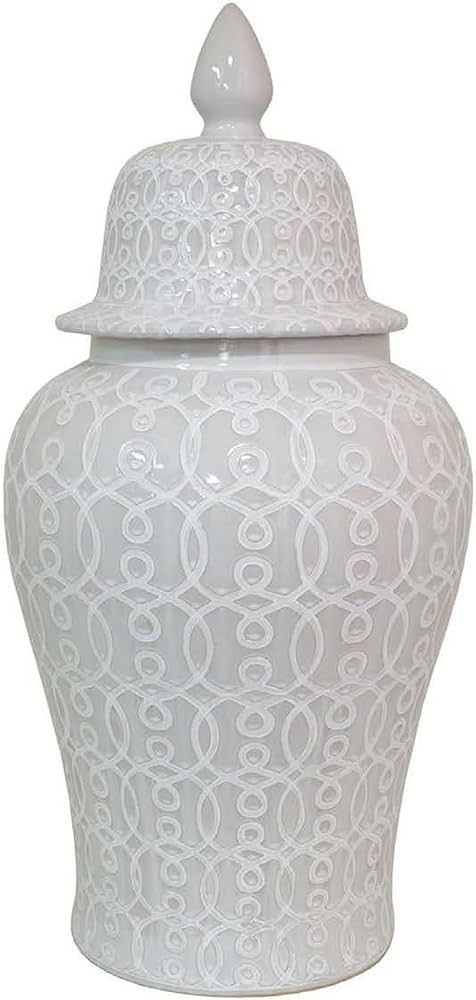 Benjara Deni 33 Inch Temple Jar, Removable Lid, Carved Pattern, Ceramic, White | Amazon (US)