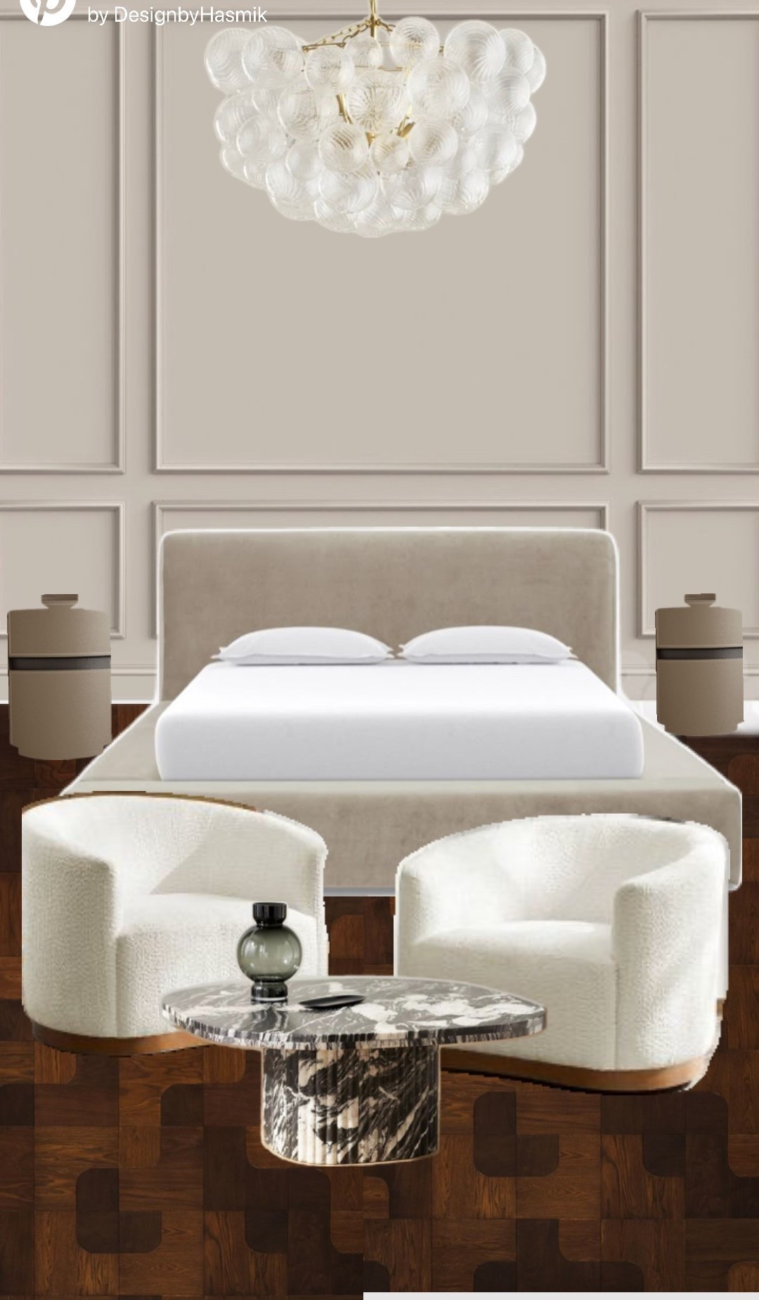 Neutral bedroom goals 🤍 This look combines modern design with timeless luxury featuring a plush upholstered bed, sculptural bubble chandelier, and bouclé swivel chairs for the ultimate cozy corner. The black and white marble coffee table adds a bold statement, while the neutral nightstands and paneled walls keep the design clean and elevated.

Shop this style to recreate the look:
🛏️ Neutral upholstered bed
💡 Glass bubble chandelier
🪑 Bouclé accent chairs
🪞 Marble coffee table
🪵 Warm wood flooring inspo

Also I added affordable ones so you can choose one is working for you!

Perfect if you’re looking for neutral bedroom decor, modern home styling, or just a little luxury design inspiration.

#LTKhome #LTKinterior #LTKbedroom #NeutralHomeDecor #LuxuryInteriors #BoucleChairs #ModernBedroom #FamilyPhotos 

#LTKSaleAlert #LTKHalloween #LTKHome