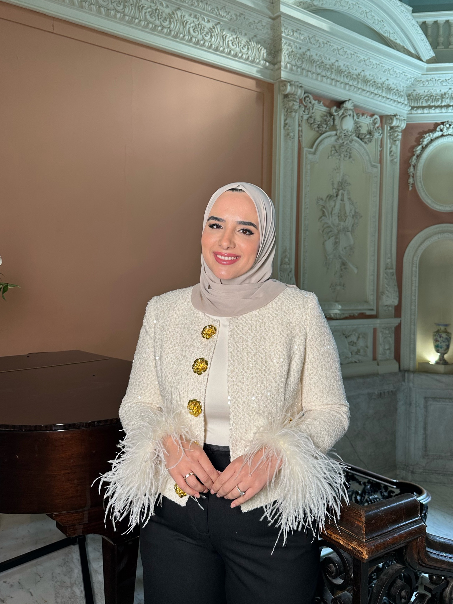 Obsessed with this tweed style cream blazer with statement gold floral buttons and feather sleeves 🕊️ 

#LTKmodest #LTKpartywear #LTKmidsize
