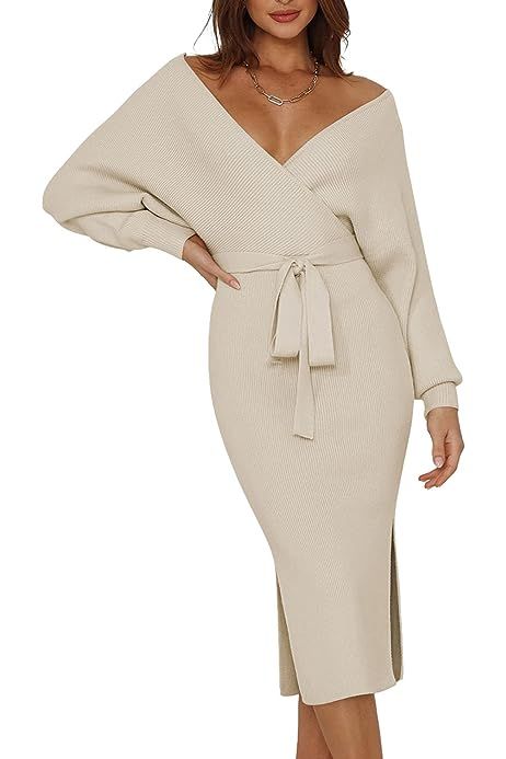 Viottiset Women's V Neck Long Batwing Sleeve Wrap Midi Knit Sweater Dress Elegant Backless with Belt | Amazon (US)