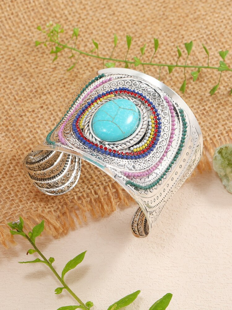 EMERY ROSE Turquoise Textured Cuff Bangle | SHEIN