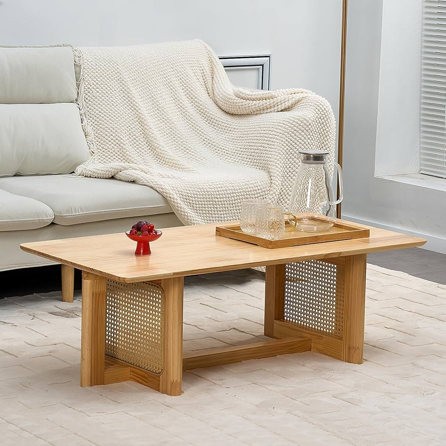 Rattan Coffee Table, 42.5 Inch Rectangular Solid Wood Coffee Table with PE Rattan Stand, Center C... | Amazon (US)
