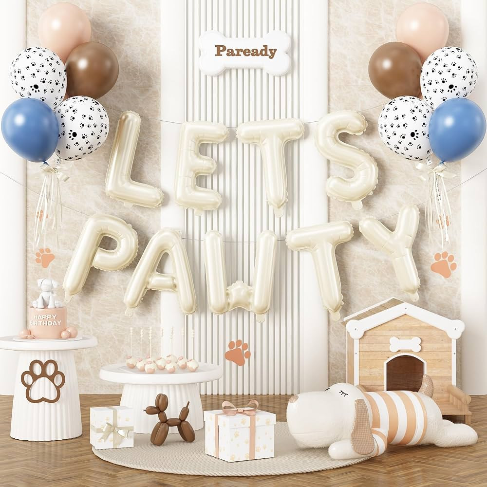 Paready Lets Pawty Dog Balloons Set, 19 Pcs 16 Inch Cream Lets Pawty Foil Balloons Banner, Blue B... | Amazon (US)