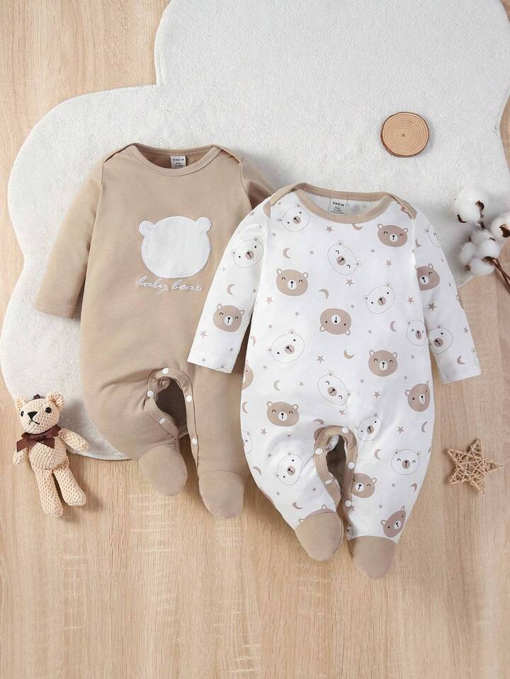 Baby Boy 2pcs Cartoon Graphic Contrast Binding Footed Jumpsuit | SHEIN