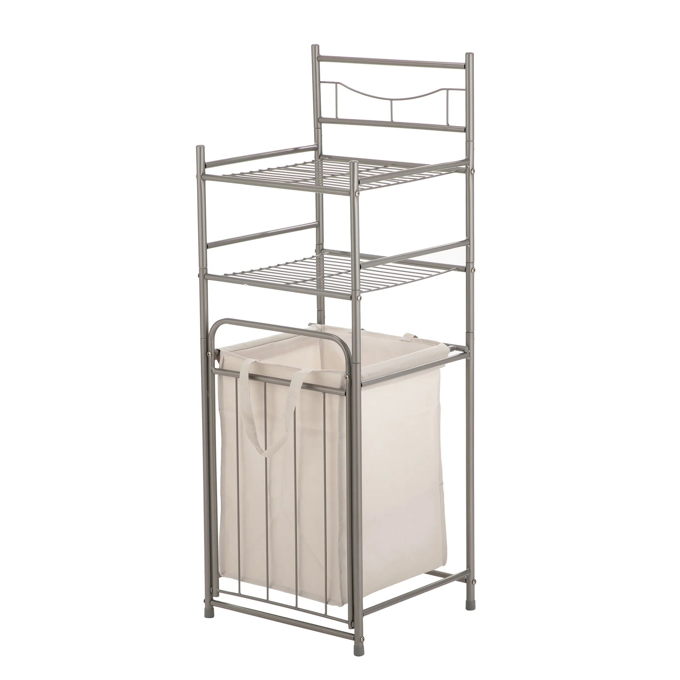 Mainstays Satin Nickel Bathroom Storage Tower with 2 Shelves and Removable Hamper | Walmart (US)