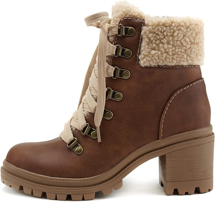Soda KEYNOTE ~ Women Chunky Lug Sole Faux Fur D-Ring Lace-up Fashion Combat Ankle Boot w/Side Zip... | Amazon (US)