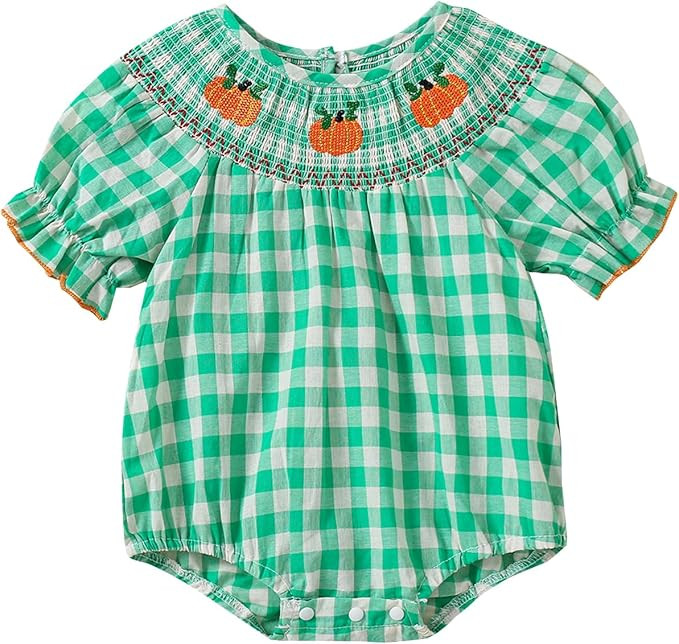 Ayalinggo Newborn Baby Girl Smocked Pumpkin Outfit Infant Plaid Bubble Romper Embroidery Hallowee... | Amazon (US)