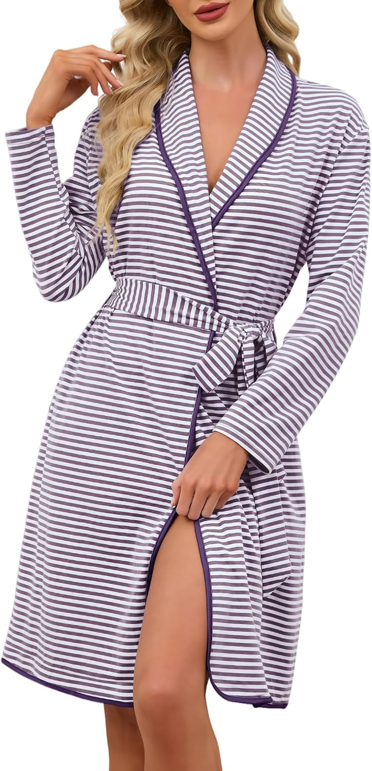 Womens Robe Cotton Srtiped Bathrobe with Pockets | Amazon (US)