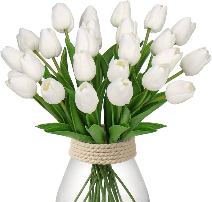24 Pcs White Tulips Artificial Flowers Real Touch Fake Tulip Fake Flowers for Mother's Day 13.5" ... | Amazon (US)