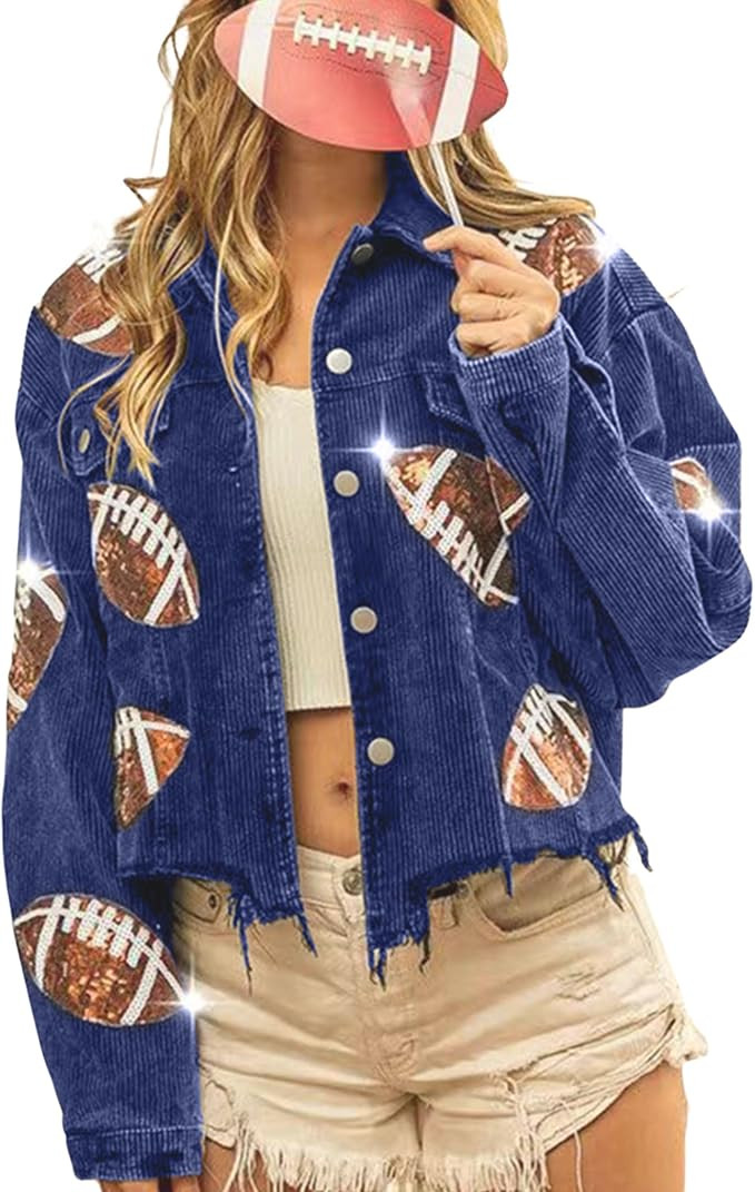 Women Cropped Football Corduroy Jacket Sequin Rugby Patched Shacket | Amazon (US)