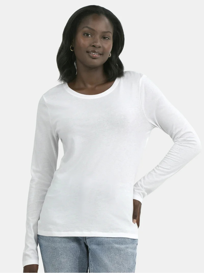Time and Tru Women's Cotton Crewneck Tee with Long Sleeves, Sizes XS-XXXL | Walmart (US)