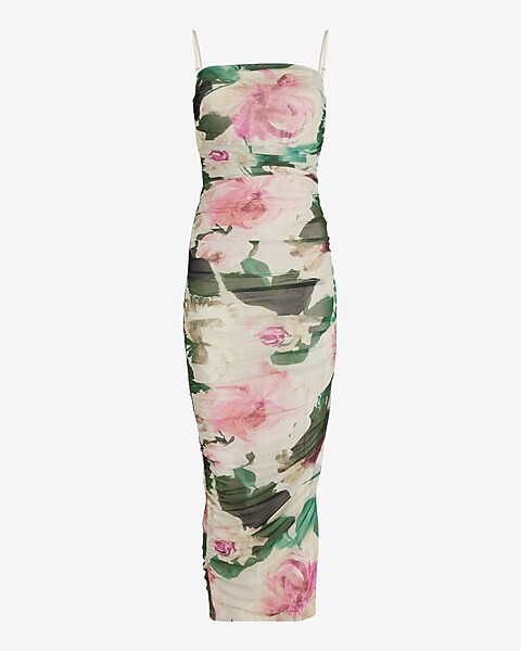 Floral Mesh Square Neck Ruched Midi Dress | Express