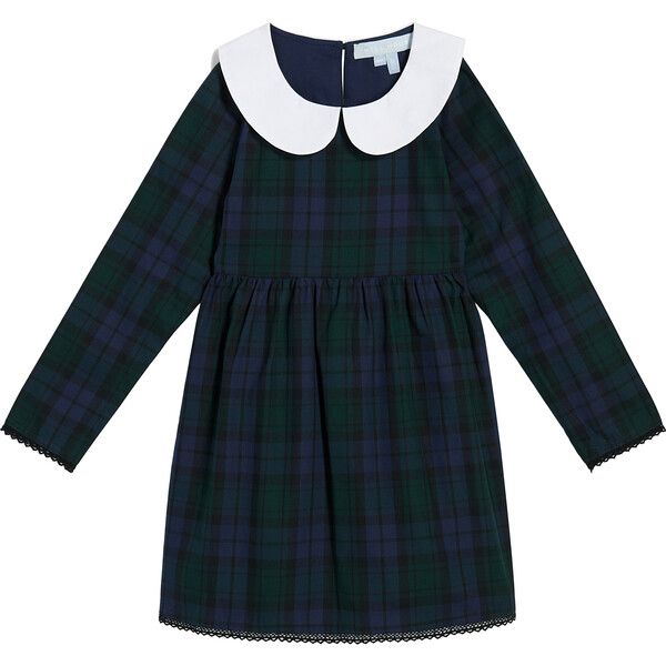 The Tiny Lottie Tartan Contrast Peter Pan Collar Dress, Blackwatch | Maisonette