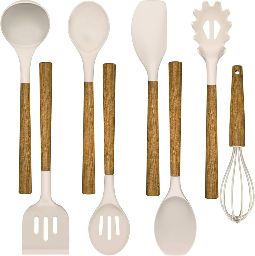 Cooking Utensils Set, 8 PCS Kitchen Utensil Set with Wooden Handle, Silicone Kitchen Utensil Acce... | Amazon (UK)
