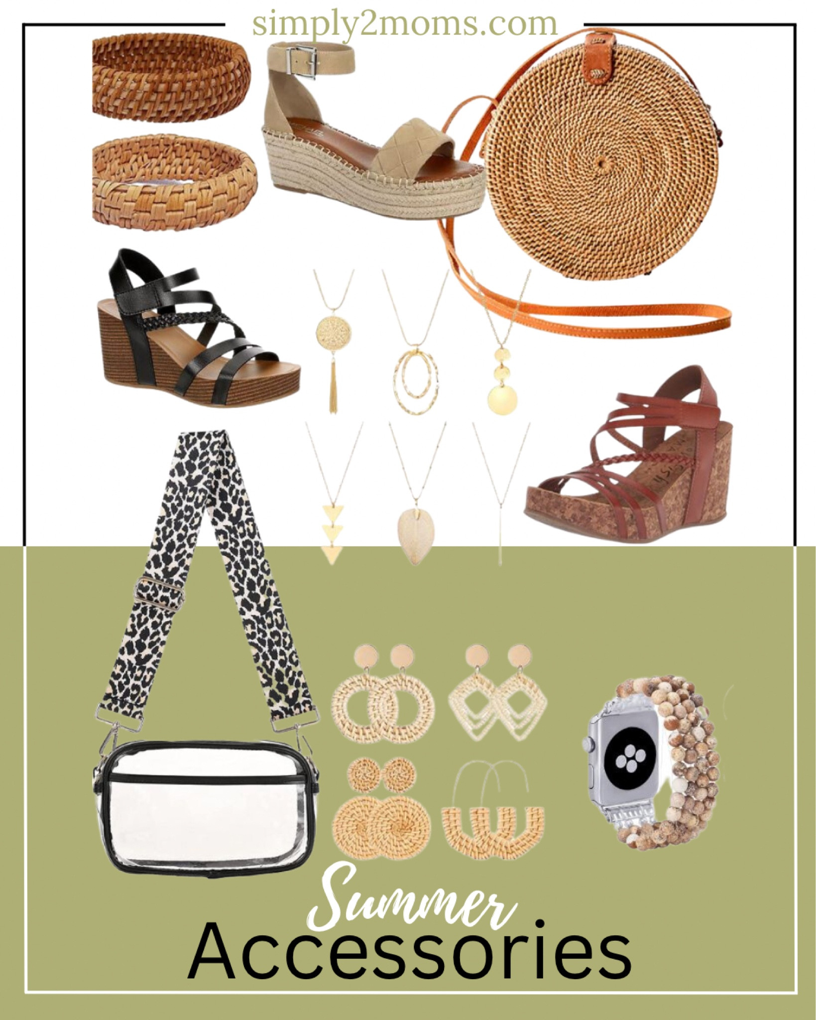 Summer fashion accessories. Rattan jewelry. Wedge sandals. Espadrille ankle strap sandals. Long gold necklace. Beaded Apple Watch bracelet.

#LTKshoecrush #LTKSeasonal #LTKFind