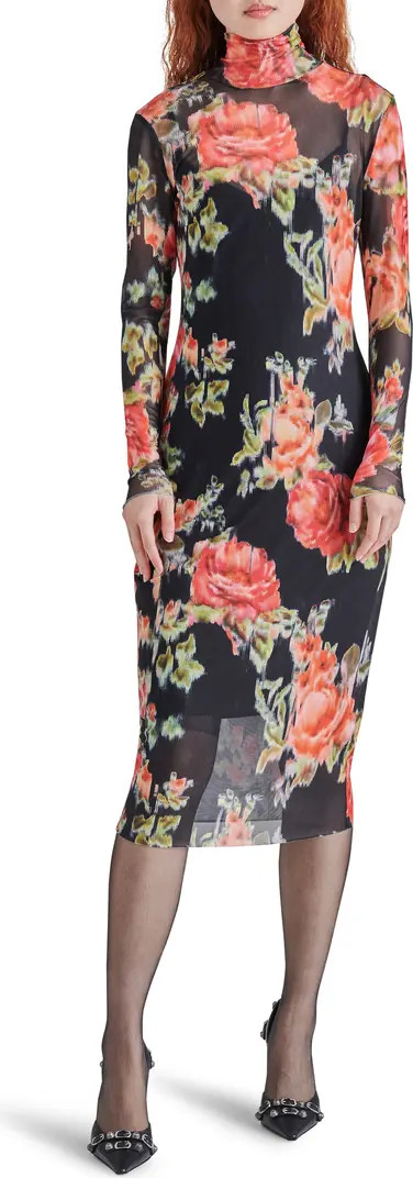 Steve Madden Vivienne Floral Long Sleeve Turtleneck Mesh Midi Dress | Nordstrom | Nordstrom