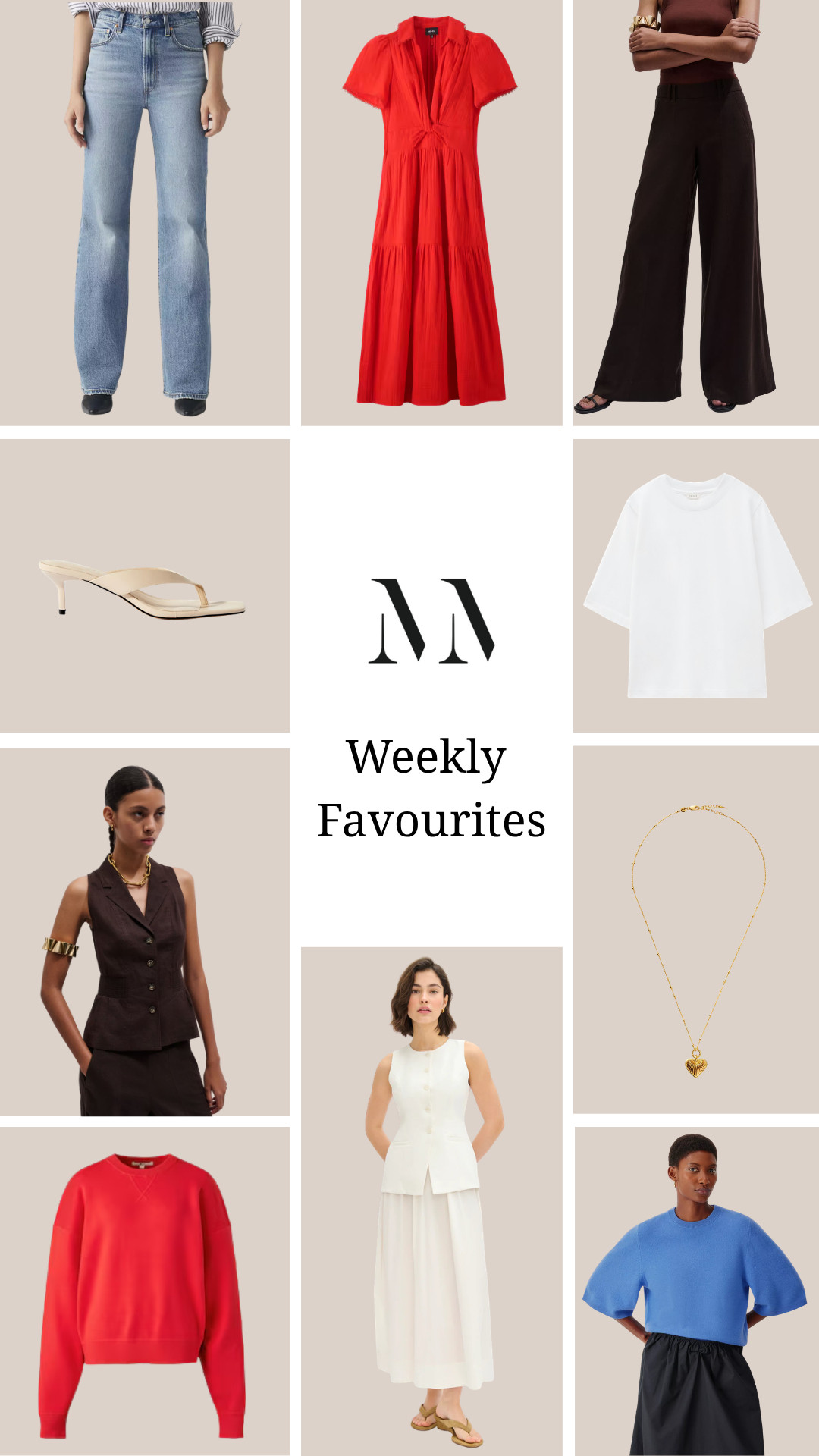 The Weekly Favourites Edit

light wash jeans, straight leg jeans, red midi dress, puff sleeve dress, brown wide leg trousers, cream heeled sandals, white oversized t-shirt, brown tailored waistcoat, matching co-ord set, gold pendant necklace, red knit jumper, white peplum top, white midi skirt, blue puff sleeve top, black full skirt, neutral capsule wardrobe, summer outfit inspo, elevated basics, chic tailoring, minimal style 

 #LTKspring #LTKsummer #LTKeurope