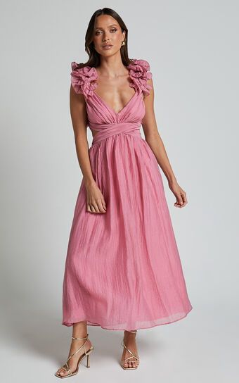 Marielly Maxi Dress - Side Cut Out V Neck Ruffle Detail Sleeve Dress in Pink | Showpo (US, UK & Europe)
