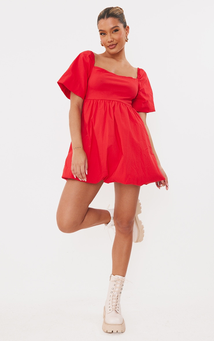Red Puff Sleeve Square Neck Puffball Shift Dress | PrettyLittleThing US