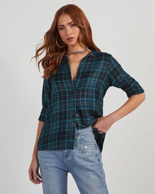 Sully Metallic Plaid Button Down Top | VICI Collection