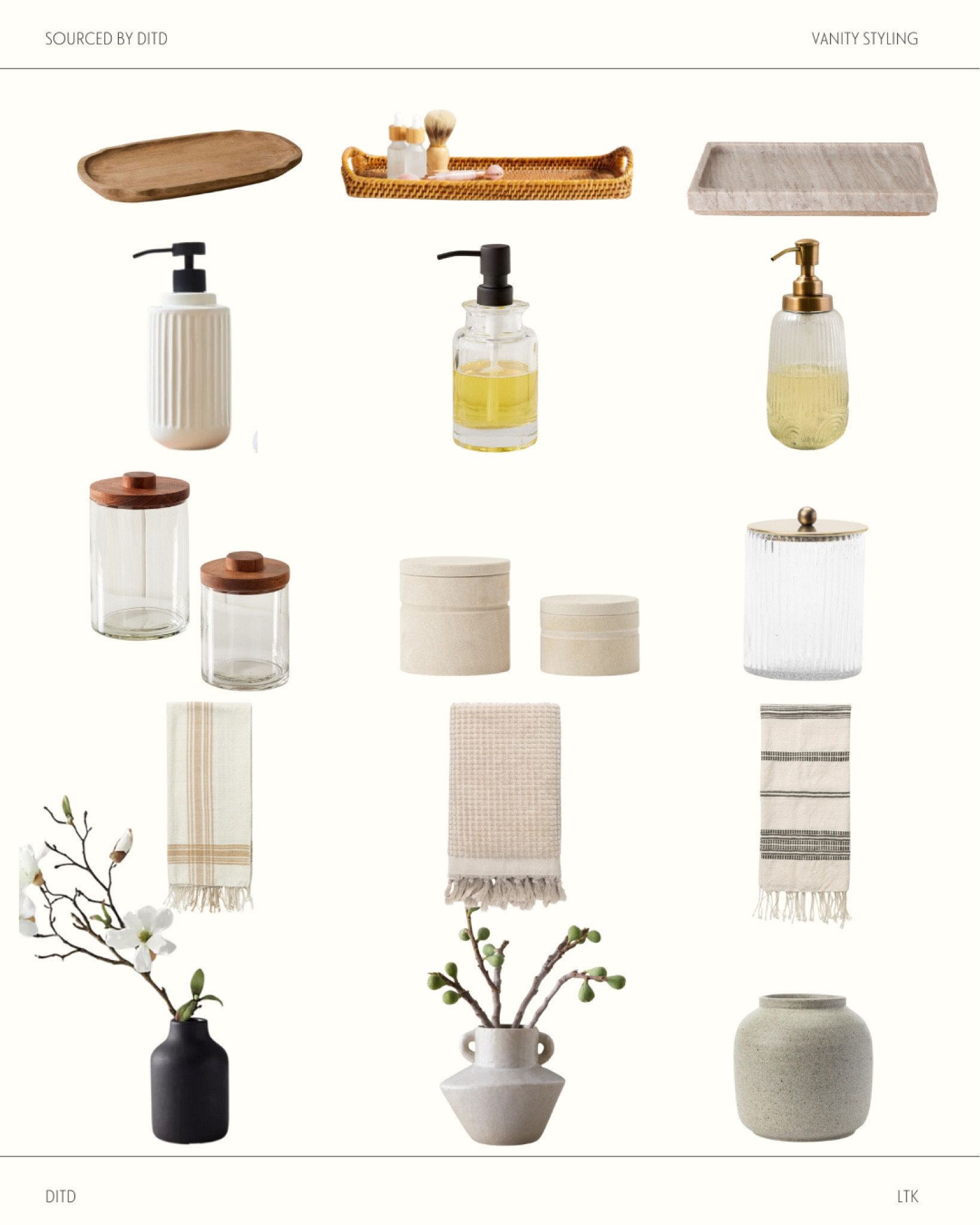 Vanity styling essentials for your bathroom!

Tray
Soap dispenser 
Canisters 
Hand towel
Vase 


#LTKHome #LTKFindsUnder50 #LTKFindsUnder100