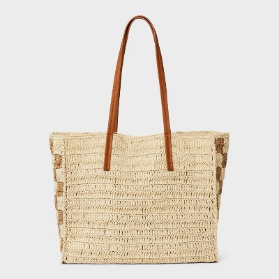Straw Packable Checker Boxy Tote Handbag - Universal Thread™ Beige | Target