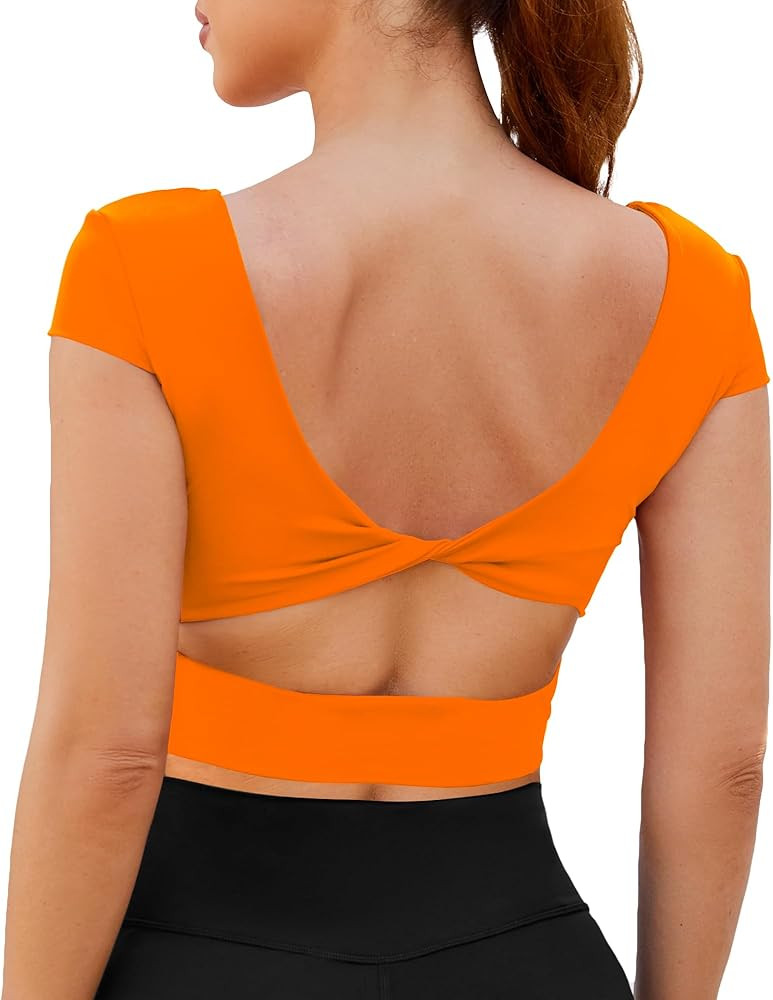 DaiLiWei Open Back Workout Tops for Women Short Sleeve Longline Sports Bras Support Crop Tank Yog... | Amazon (US)