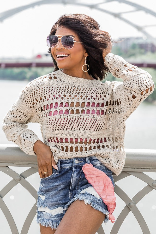 Thanks To You Open Knit Taupe Sweater | Pink Lily