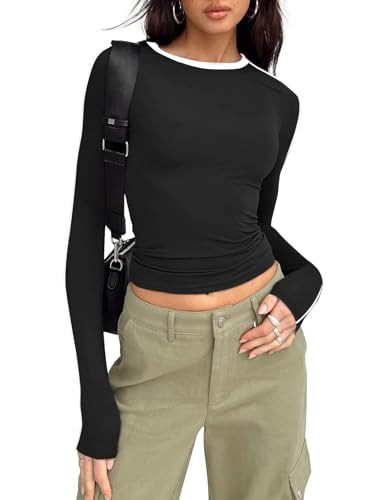 BZB Black Long Sleeve Shirts for Women Basic Crop Tops Fall Fashion Layer Tight Fitted Y2k Tops Teen Girl Clothes | Amazon (US)