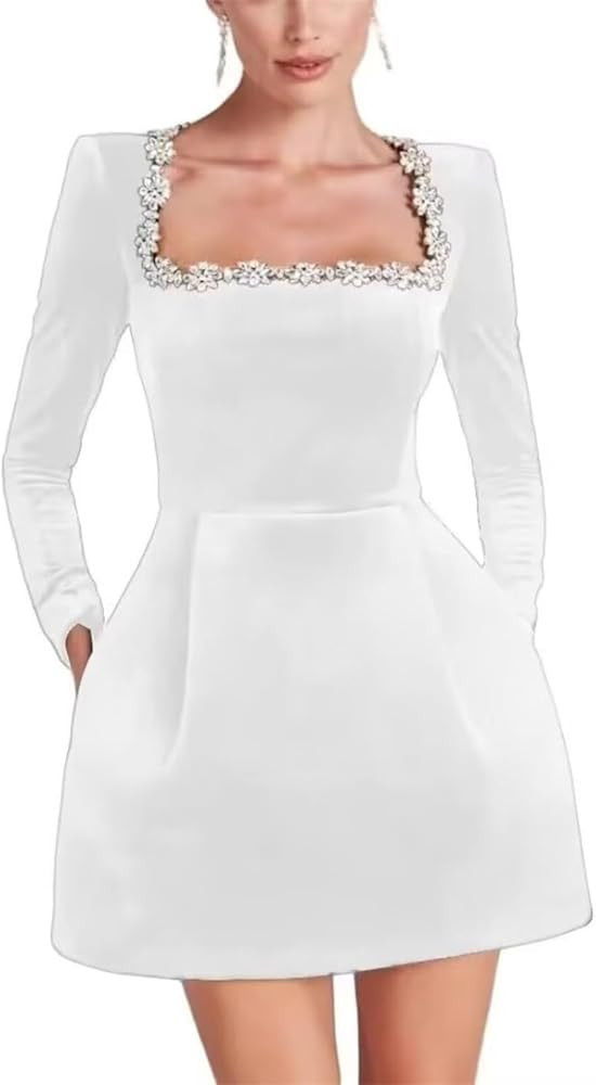 Square Neck Wedding Dresses for Brides Long Sleeve Velvet Short Bridal Gowns with Pockets | Amazon (US)