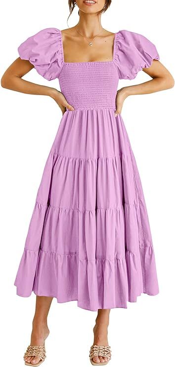 PRETTYGARDEN Womens Summer Puffy Short Sleeve Square Neck Smocked Tiered Ruffle Midi Dress | Amazon (US)