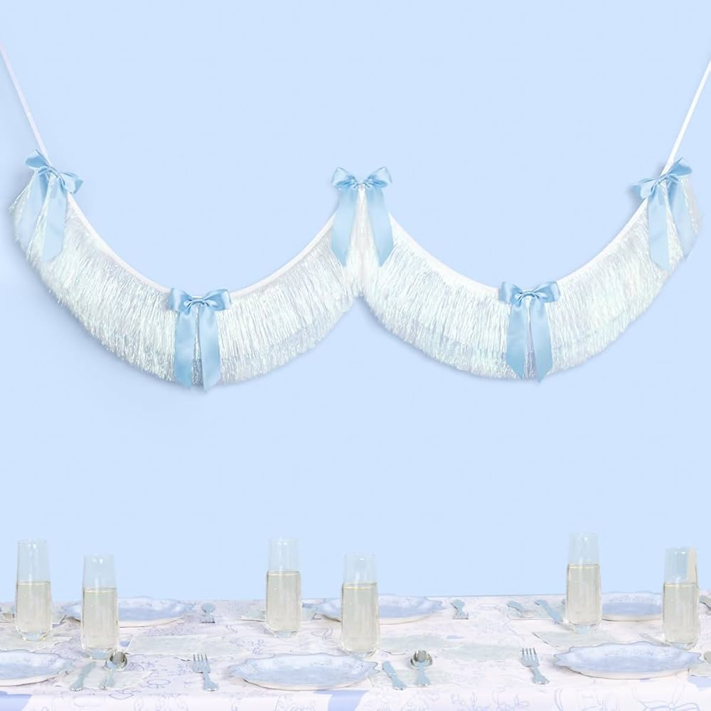 xo, Fetti Blue White Bow Fringe Banner - Iridescent, 6 Ft. | Something Blue Bachelorette Decorati... | Amazon (US)