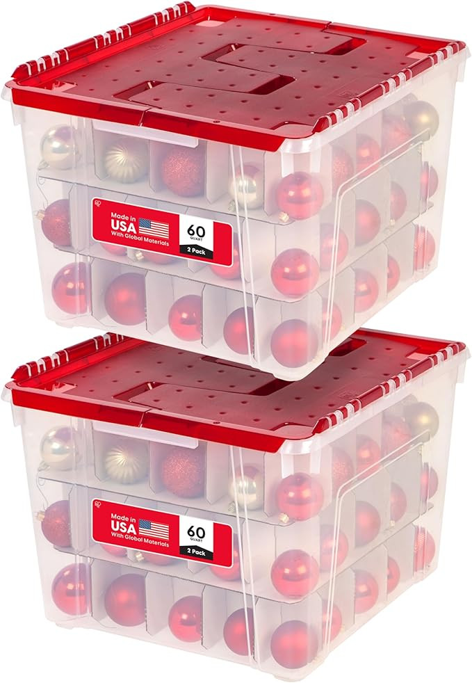 IRIS USA Ornament Storage Box with Attached Lid, Stores 75 Ornaments per Bin, 2-Pack, Stackable D... | Amazon (US)