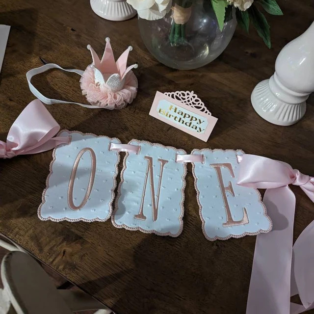 Simple Pink Embroidered First Birthday High Chair Banner Bows and Scallops Classic Theme Girls Fi... | Etsy (US)